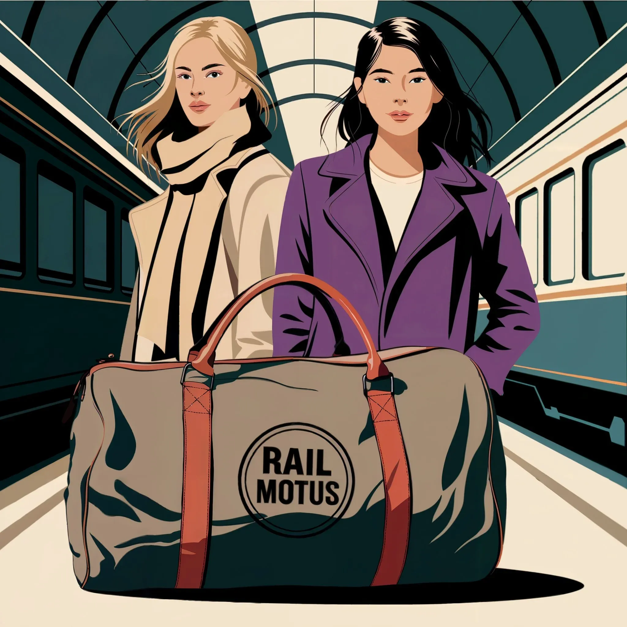 Illustrated scene of two stylish women in a train station with a Rail Motus travel bag.