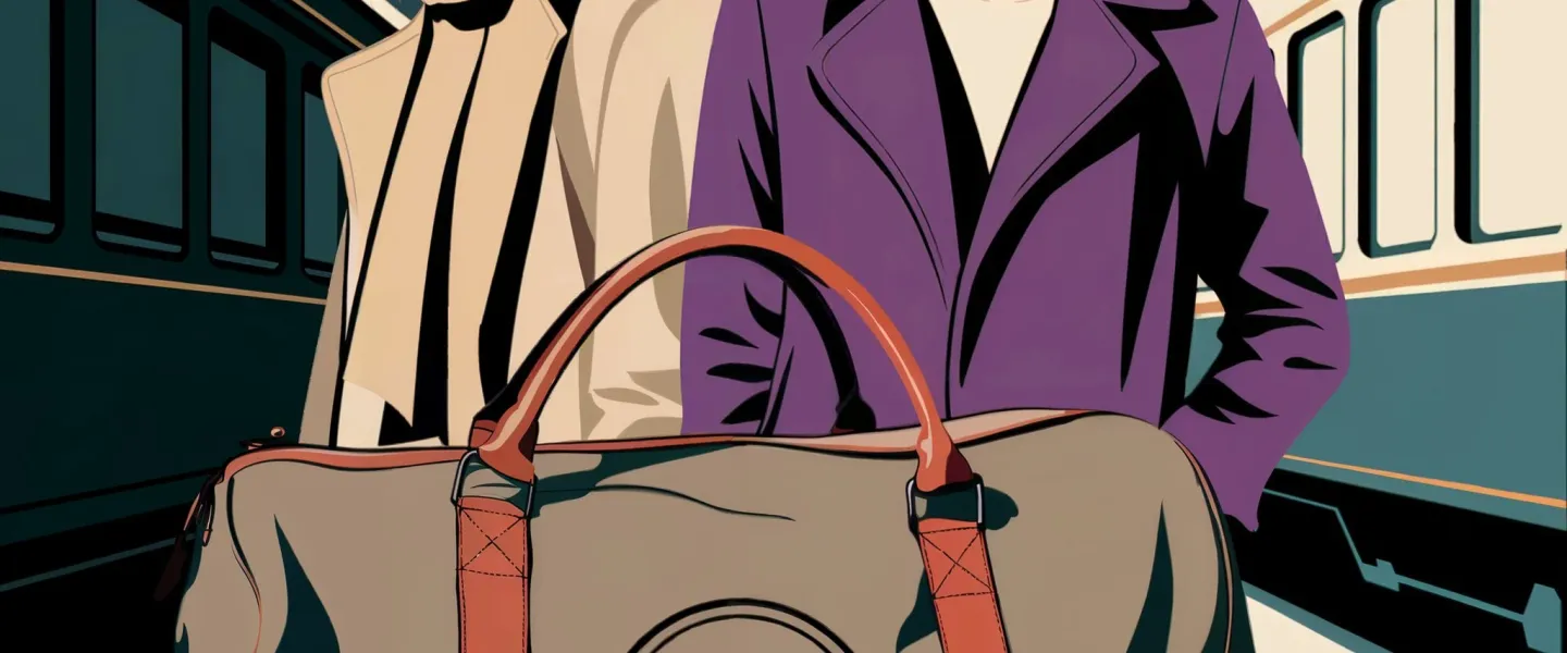 Illustrated scene of two stylish women in a train station with a Rail Motus travel bag.