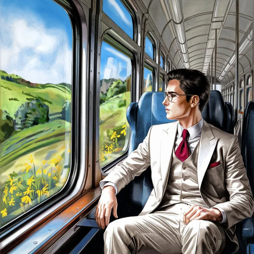 Man in white suit sitting by train window watching green hills and yellow wildflowers pass by