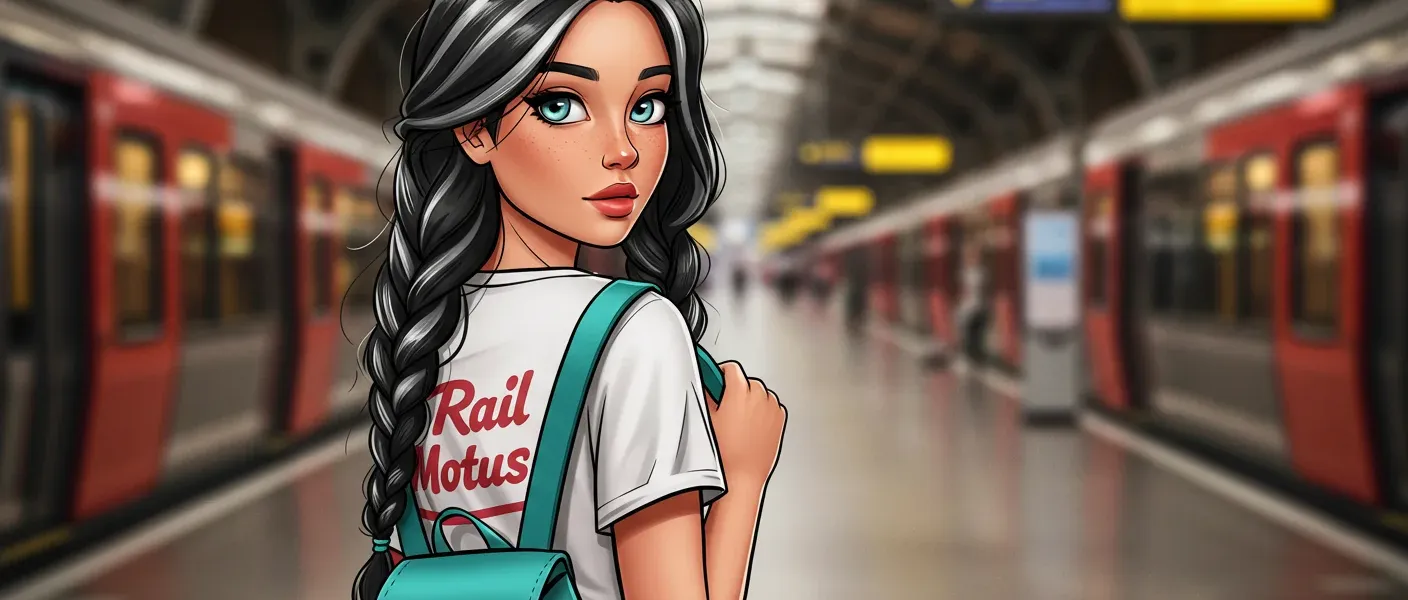 Ali standing in a European train station wearing a Rail Motus T-shirt, with red trains in the background.