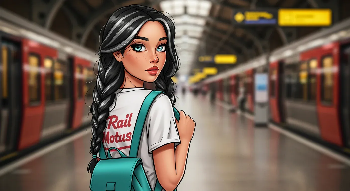 Ali standing in a European train station wearing a Rail Motus T-shirt, with red trains in the background.