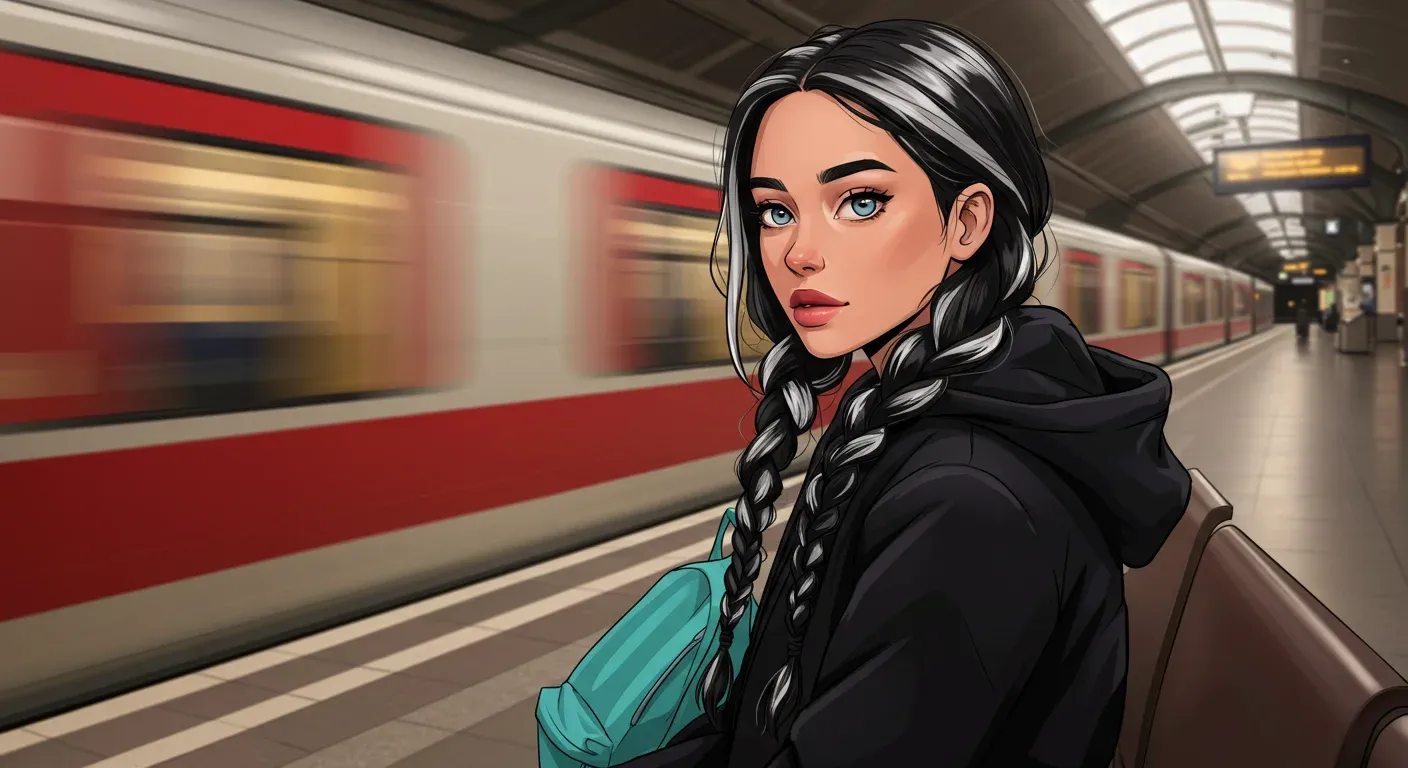 Ali seated at a European train station with a high-speed red-and-white train passing by in the background.