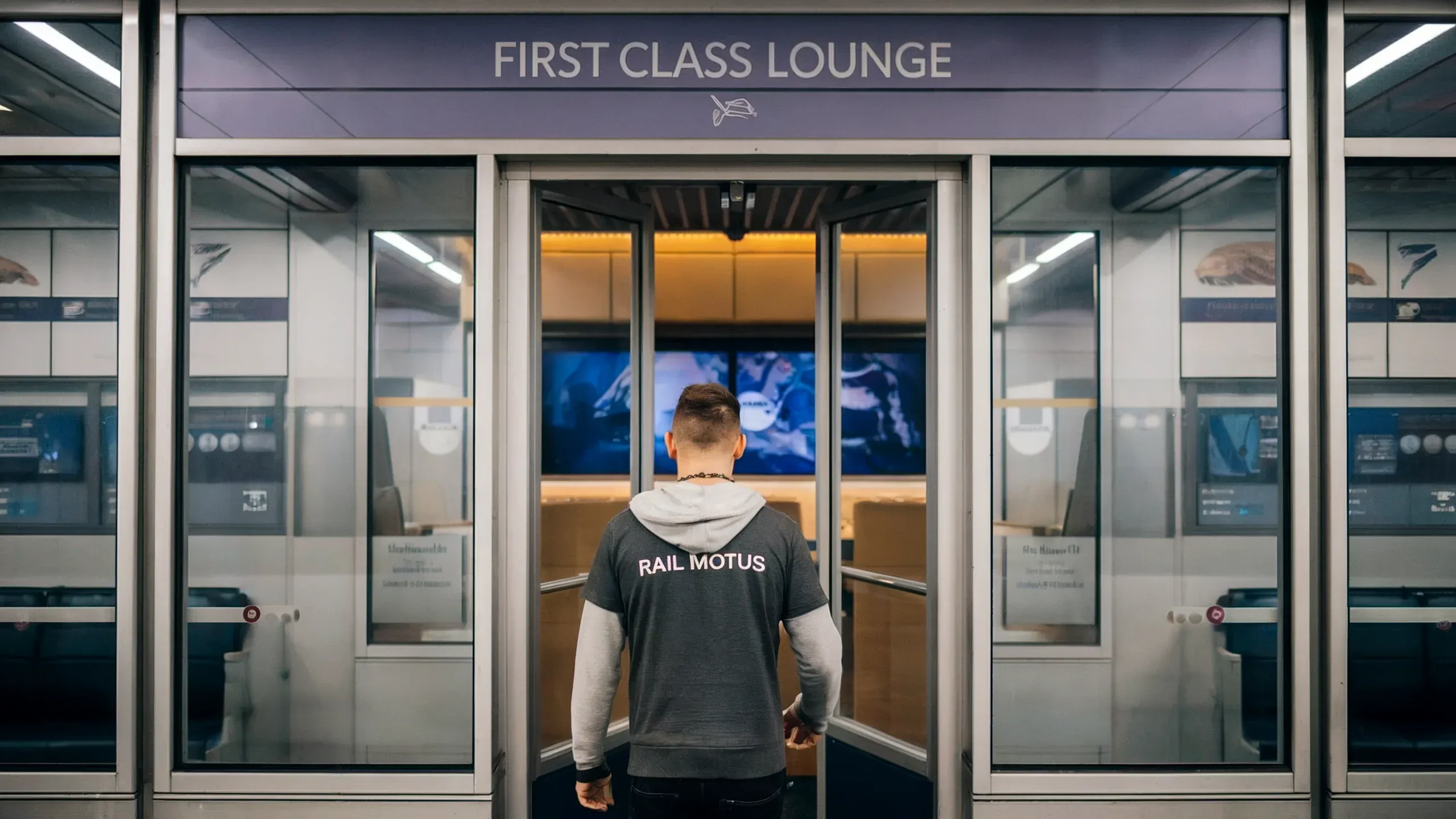 Man in Rail Motus shirt entering First Class Lounge at European train station, showcasing Interrail Pass perks