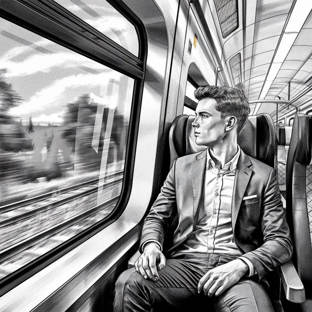 Black and white image of a young man seated alone on modern high-speed train watching blurred countryside through large window