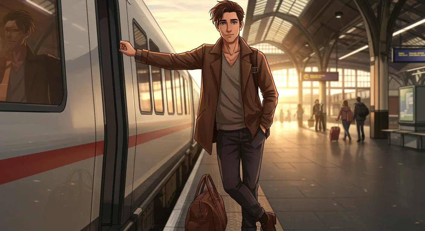 Young man in brown jacket leaning against white high-speed train on platform as sunlight streams through station's glass roof