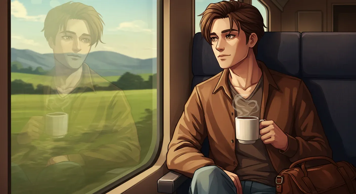 Young man drinking coffee on train with his reflection visible in window showing green countryside