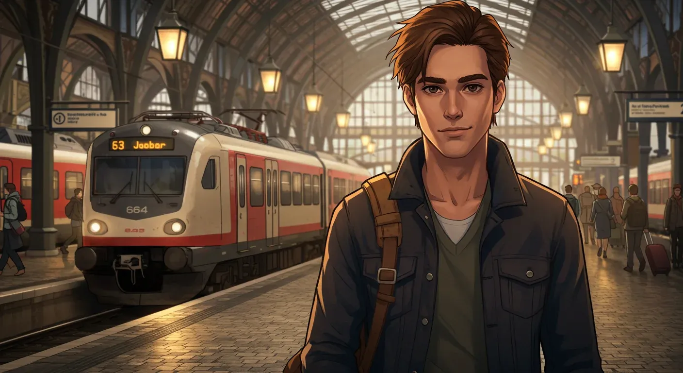Illustrated traveler in historic train station with vaulted glass ceiling and regional train in the background.
