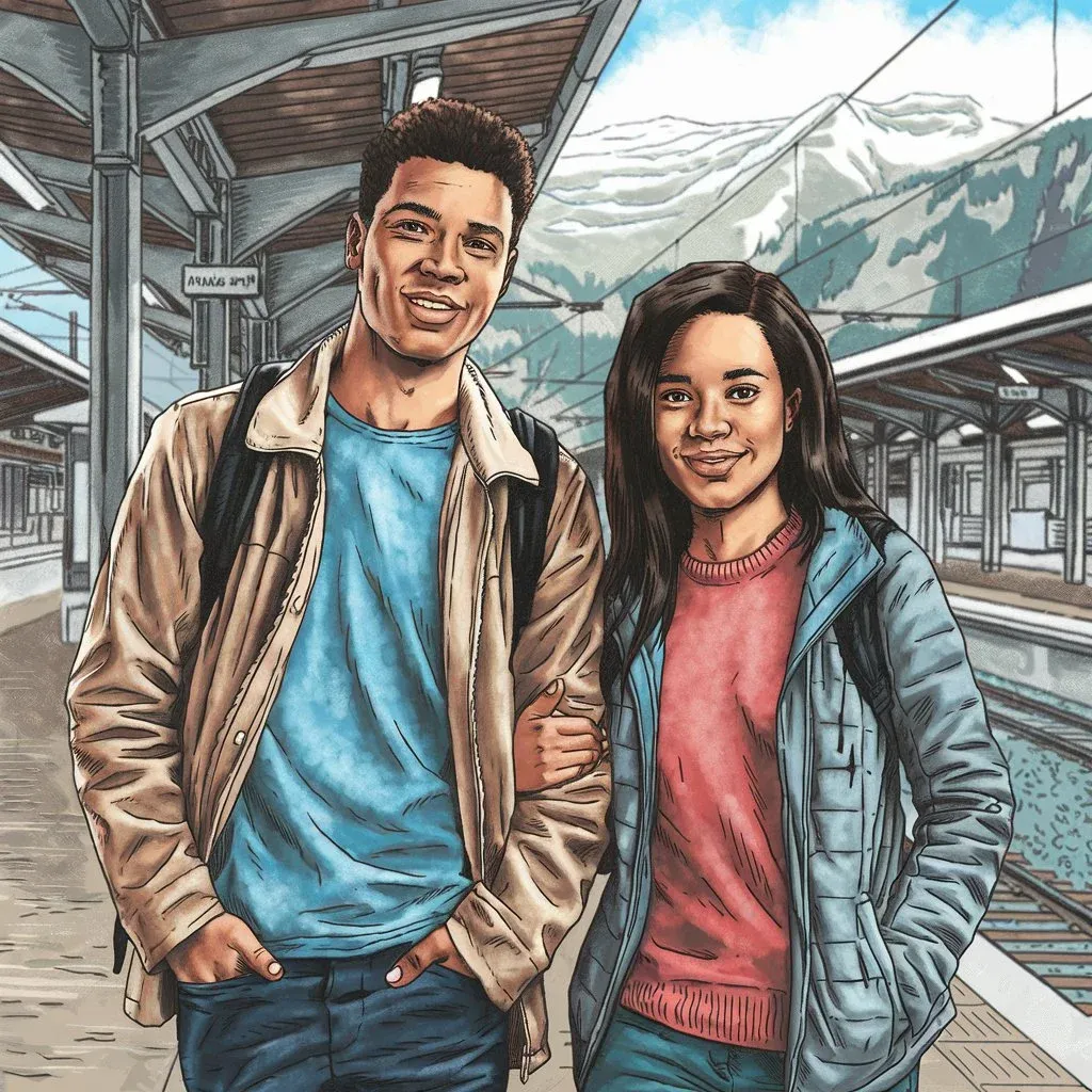 Two young rail enthusiasts standing on a covered train platform with snow-capped Swiss Alps in the background