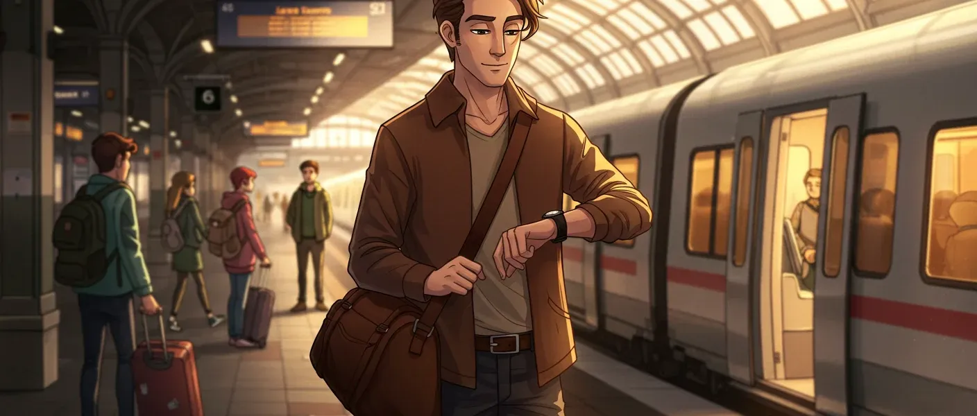 James at a European rail station, checking his watch while standing near a train, surrounded by other travelers.