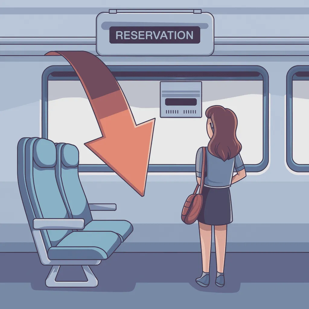A cartoon infographic shows an arrow pointing to a specific seat in a rail car. Overhead, is the word "RESERVATION"