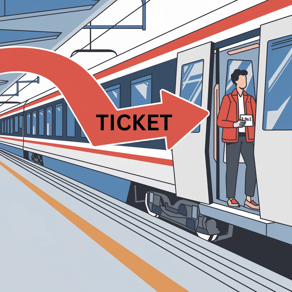 A cartoon infographic depicting a man boarding a European train. There is a large arrow with "TICKET" written on it.