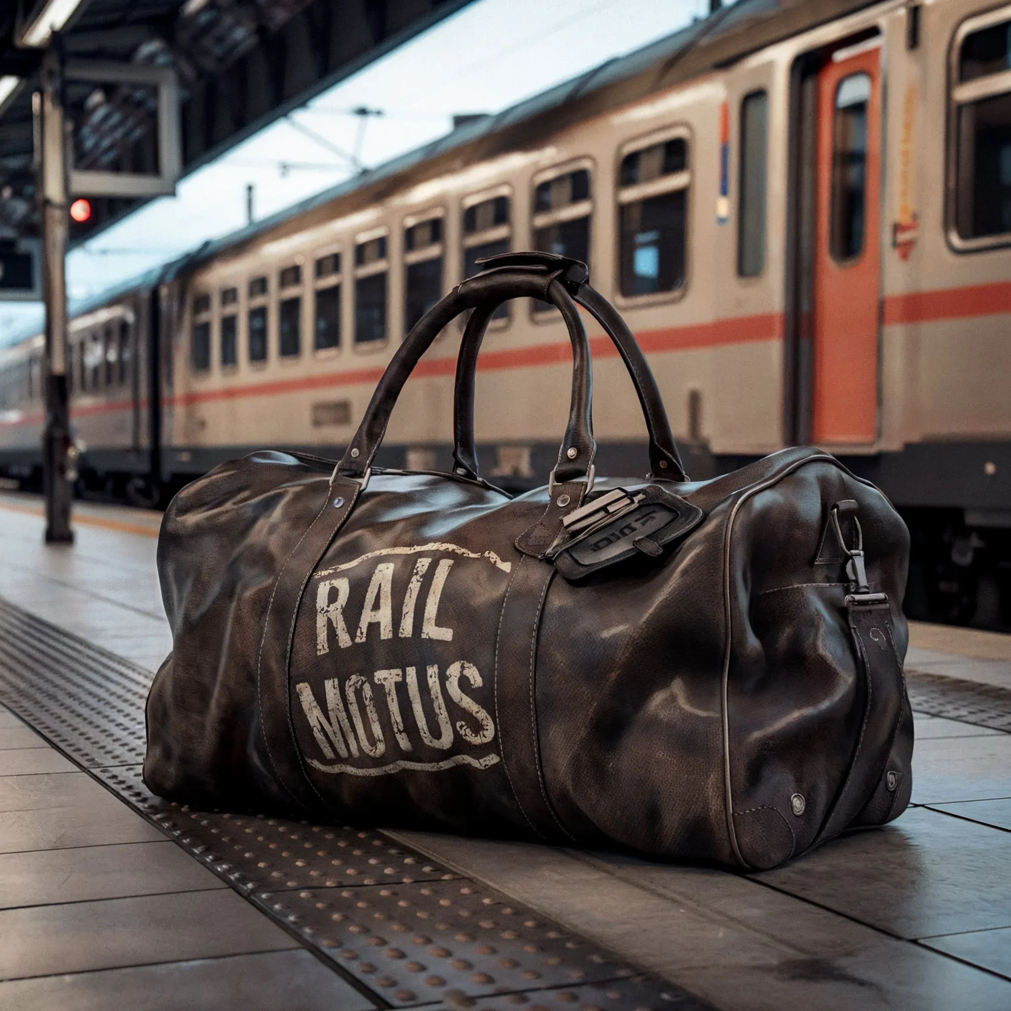 Leather duffle bag with Rail Motus logo sitting on a train station platform with a train in the background.
