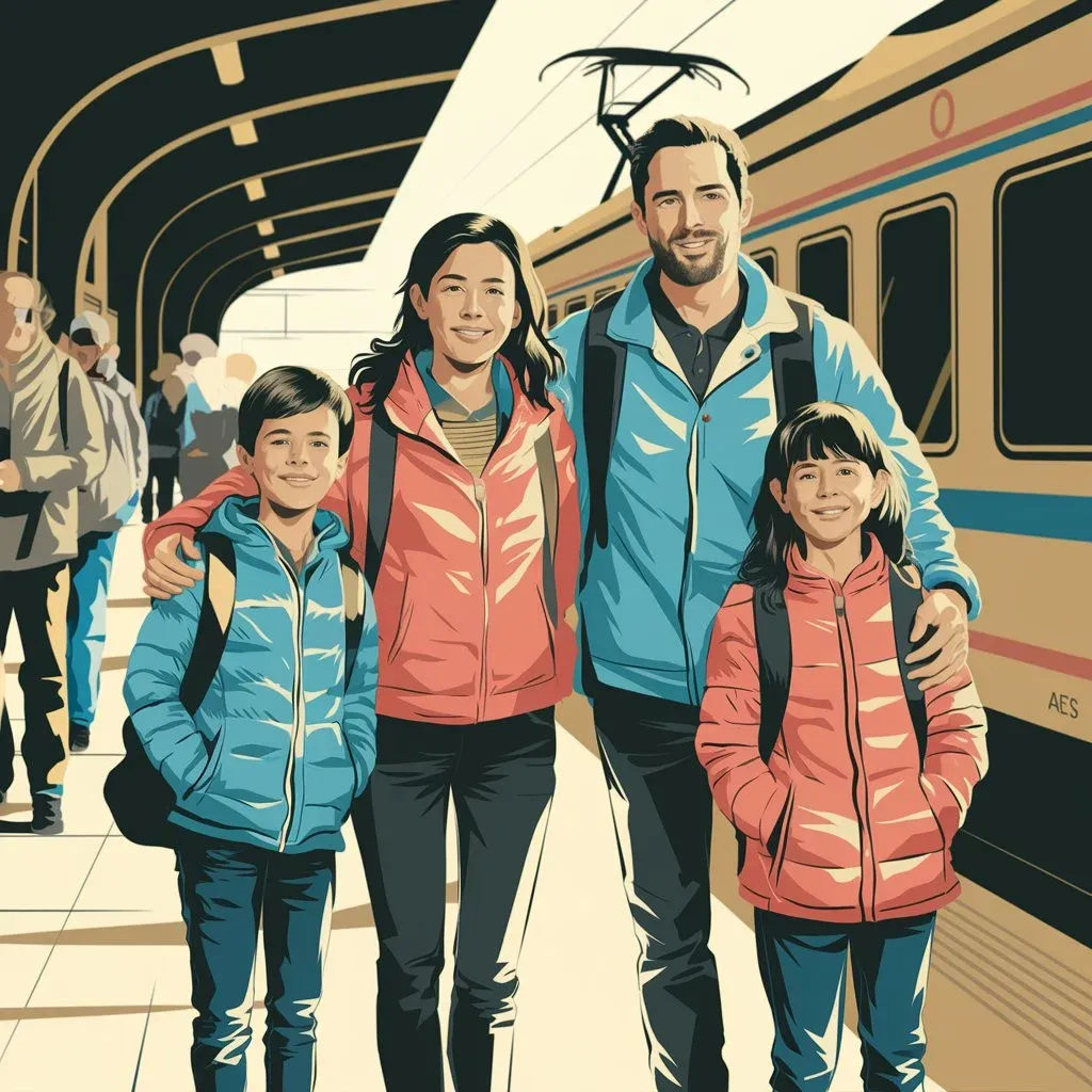 A pencil drawing of a family of four, the Johnsons, stand smiling on a rail platform, with a train in the background.
