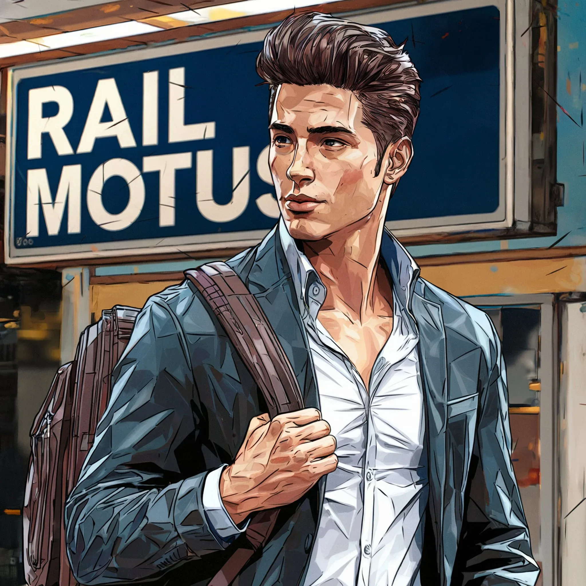 Young man with a backpack standing in front of a Rail Motus sign at a train station.