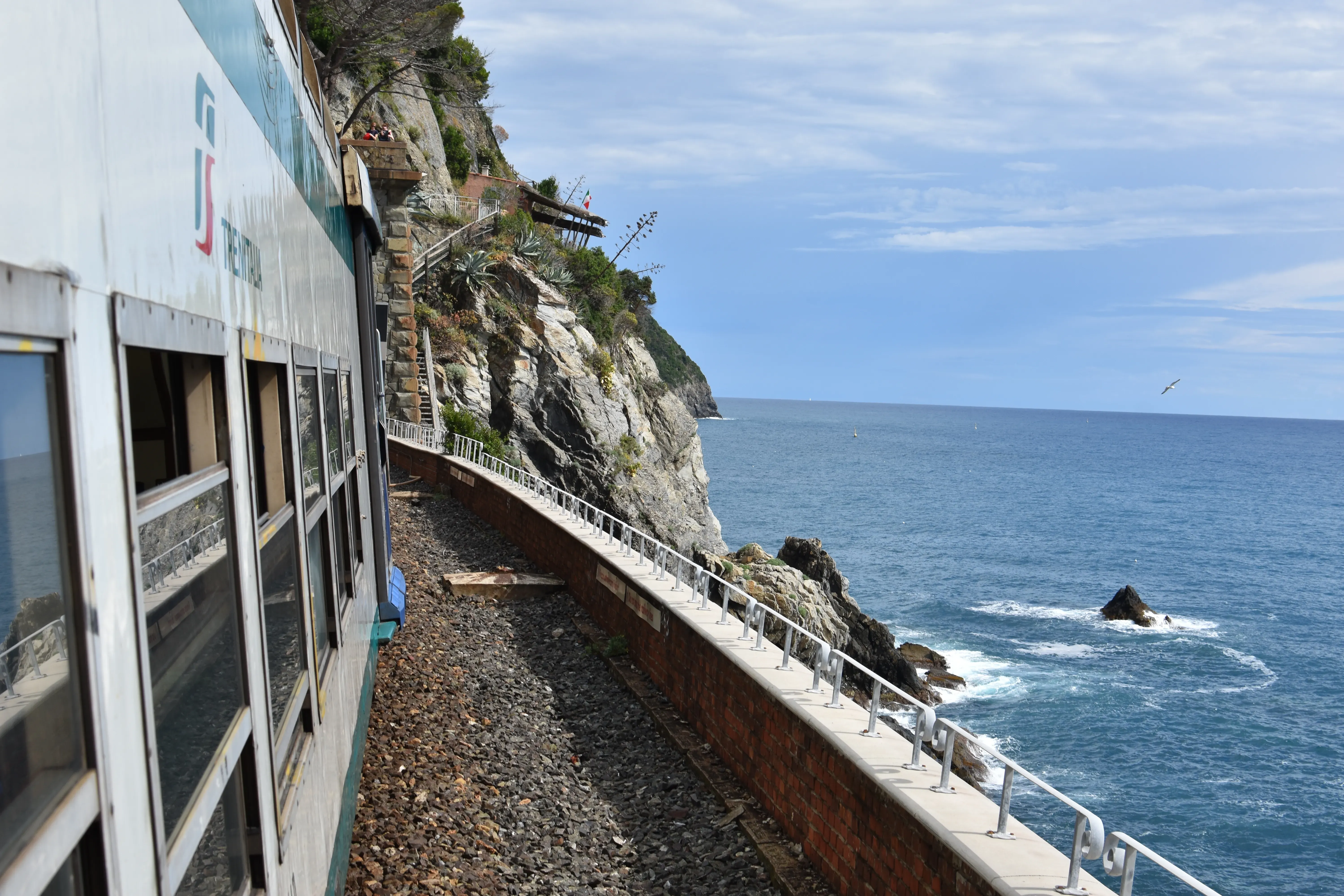 Cinque Terre coastline with railway track along cliffs and Mediterranean Sea views