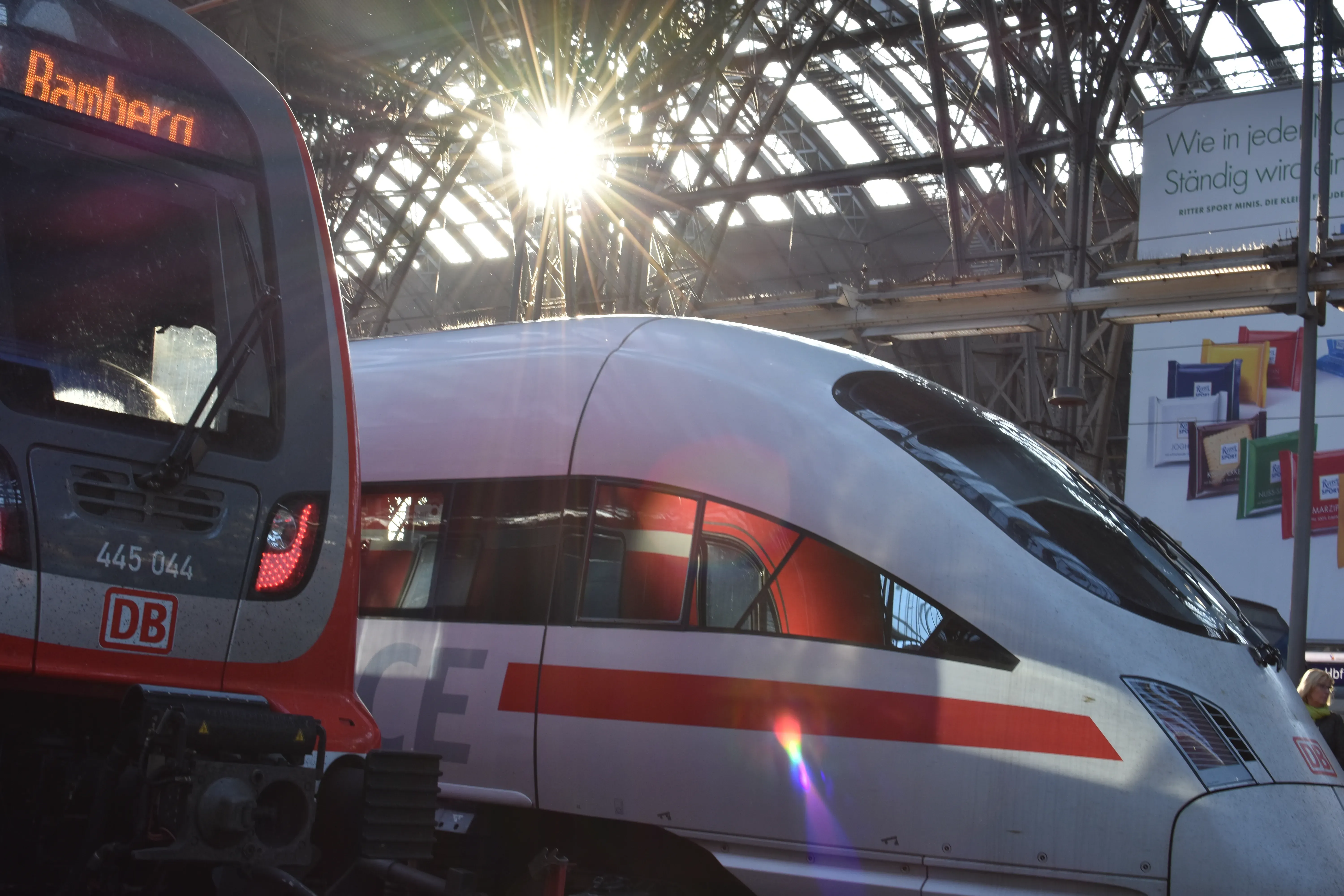 Two trains, a white ICE and a red regional train, parked under the sunlit glass roof of Cologne main station in Germany.
