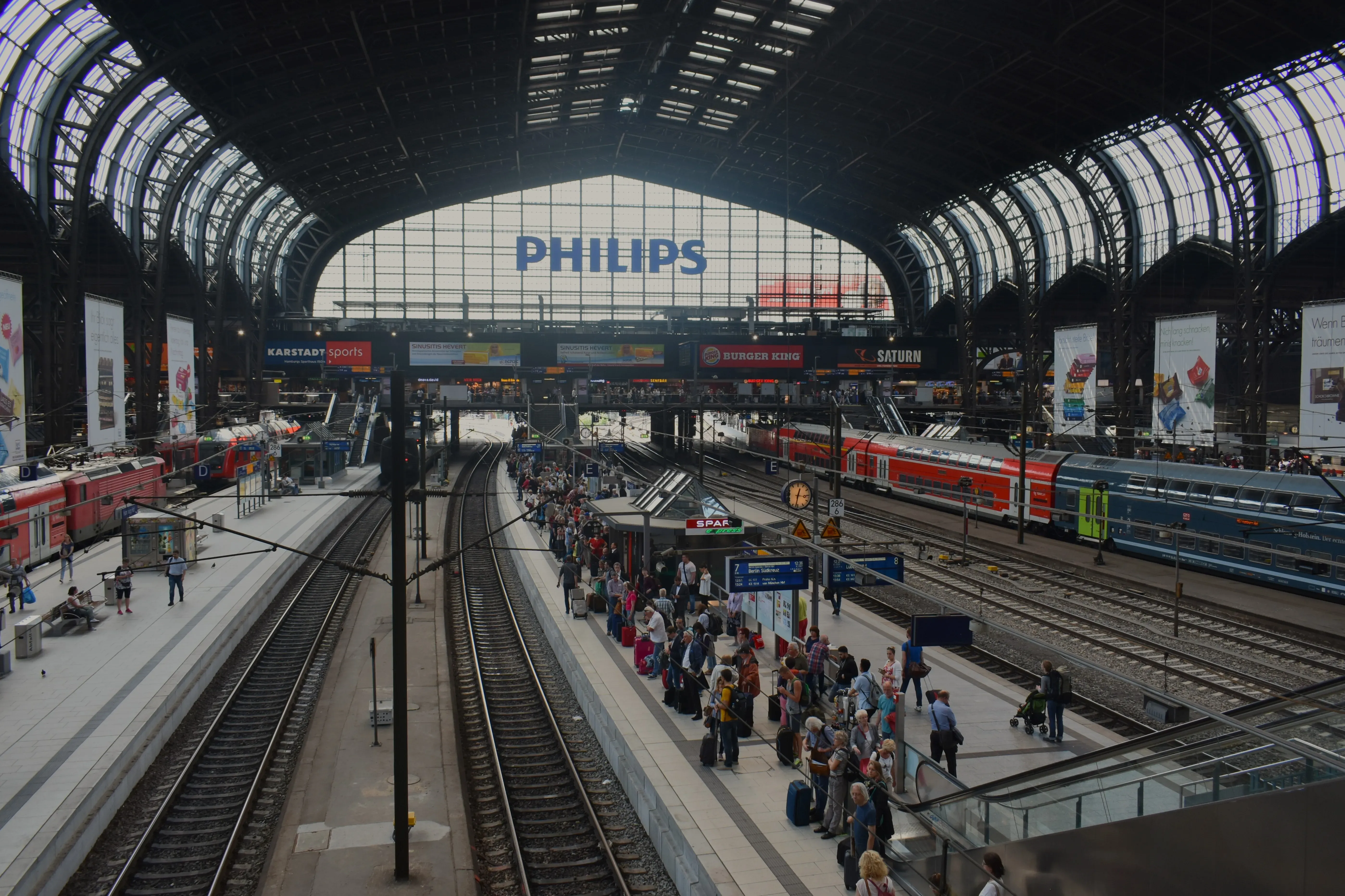 Hamburg Central Station, a busy train station with numerous platforms and travelers.