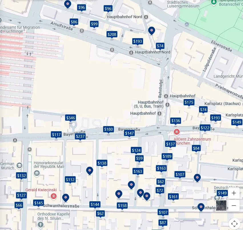 Booking.com map showing hotel prices ranging from $64-$374 around Munich central train station